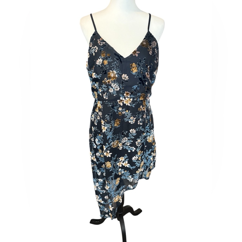 Lulu’s Evenings with You Dark Teal Floral Velvet Asymmetrical Dress sz Large - Picture 3 of 12